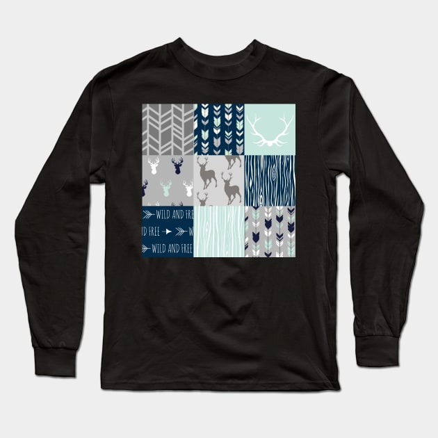 Patchwork Deer - Mint, Navy and grey Long Sleeve T-Shirt by SugarPineDesign